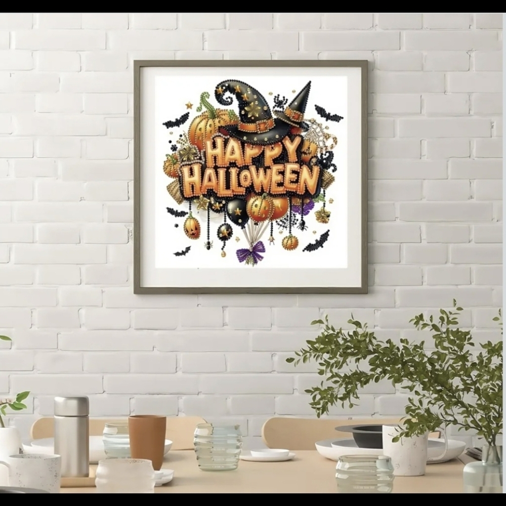 Happy Halloween Witch Hat Balloons 5D Gemstone Crystal Diamond Painting Kit - Picture 4 of 7